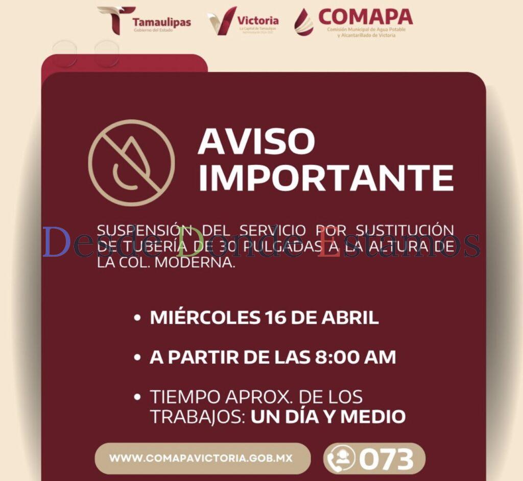 Anuncia COMAPA Victoria corte de servicio