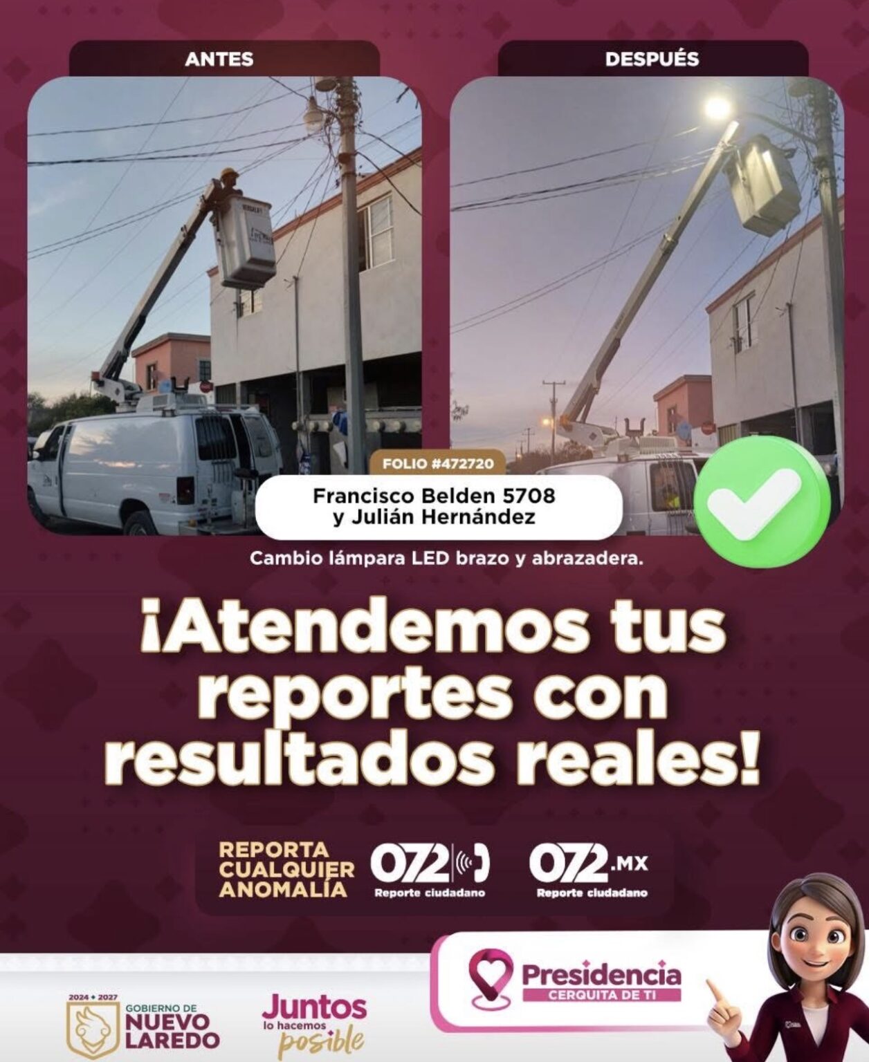 Atiende Servicios Públicos reporte para cambio de luminarias